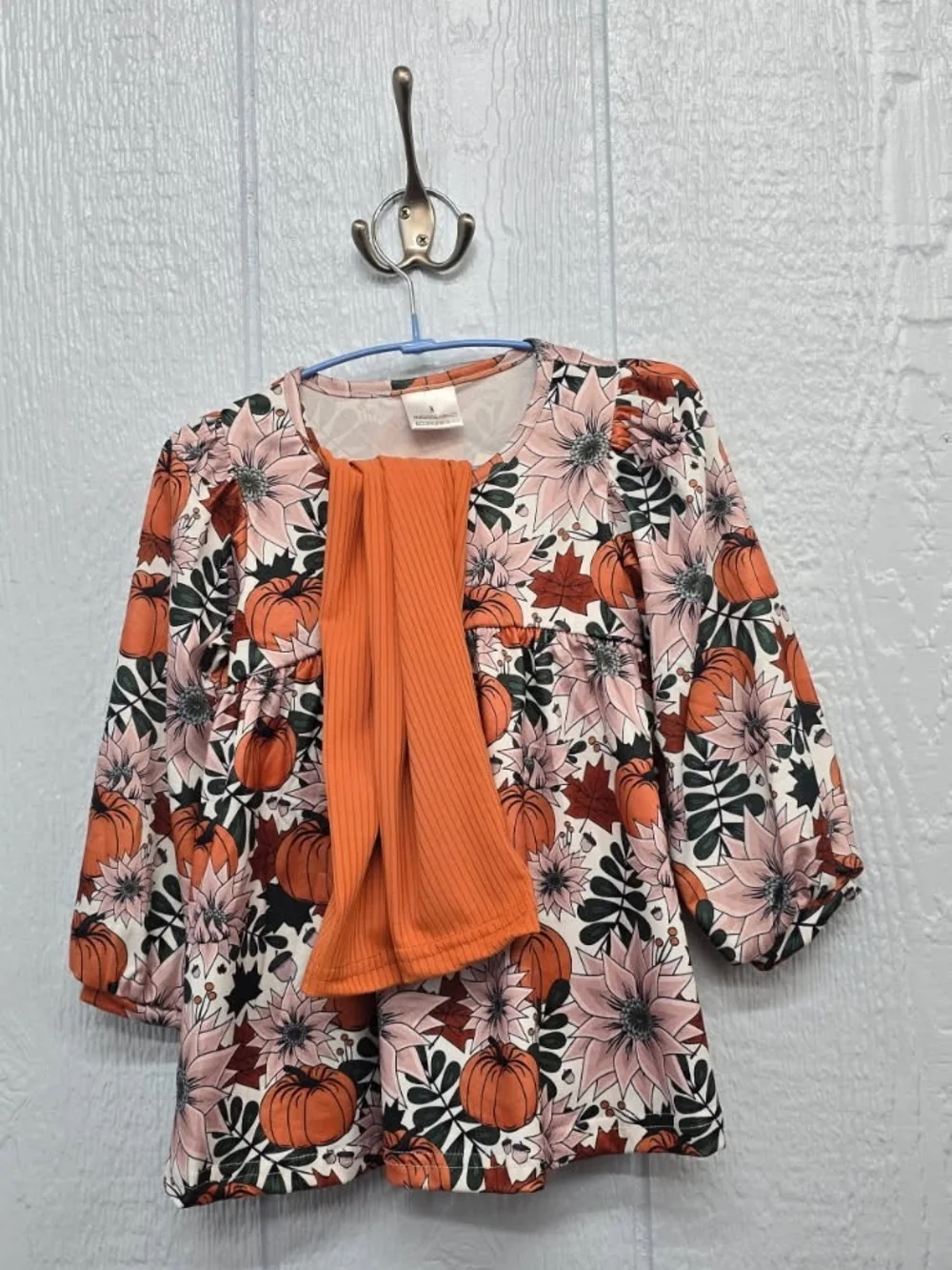 New Size 3 Girls' Orange Pumpkin Floral Long-Sleeve Top